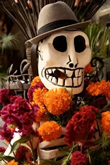 Marigold Prints: San Miguel de Allende, Mexico. Day of the Dead skeleton and marigolds, typical decor