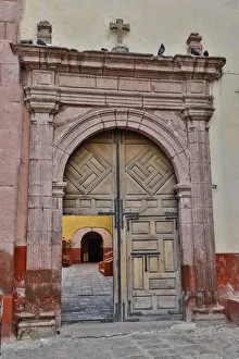 Colonial Prints: San Miguel De Allende, Mexico. Open doorway into plaza of church
