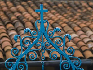 Still Life Prints: Santiago de Cuba, red tile roof and blue wrought iron cross