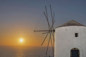 Windmill Prints: Santorini Windmill Sunset, Greece