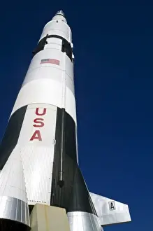 Saturn V mock-up stands outside the Davidson Center for Space Exploration building at the U