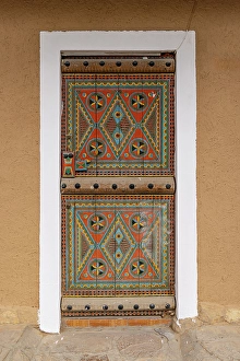 Multicolored Prints: Saudi Arabia, Riyadh. Colorfully painted door in Najd Village. (Editorial Use Only)