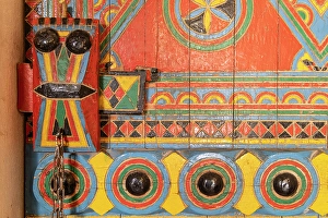 Multicolored Prints: Saudi Arabia, Riyadh. Colorfully painted door in Najd Village. (Editorial Use Only)