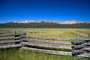 Sawtooth Mountains and rail fence at Stanley Basin, Idaho