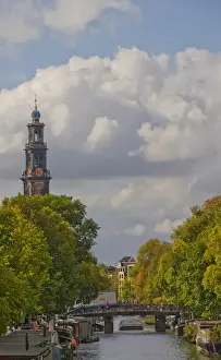Onion Dome Prints: Scenic Canal view with bridge and the Zuiderkerk clock and spire in the distance