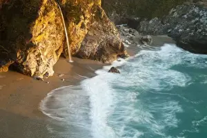 Mcway Falls Prints: Scenic McWay Falls tumbles into the beach and the Pacific Ocean at Julia Pfeiffer