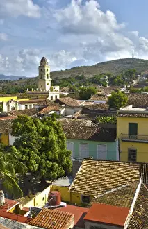 Scenic from above of old town of Trinidad Cuba with tile roofs and cobblestone streets