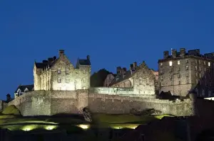 Scot Land Prints: Scotland, Edinburgh. Historic hilltop Edinburgh Castle at night