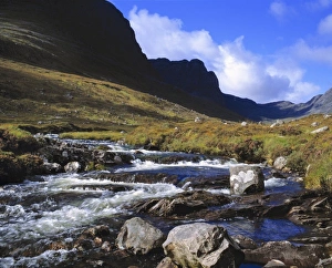 Scot Land Prints: Scotland, Perthshire, Rannoch Moor. A stream rushes down from the mountains near