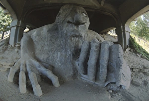 Underneath Prints: Sculpture of Fremont Troll with Volkswagen Beetle, Seattle, Washington, United States, US