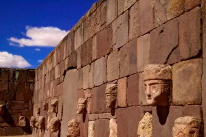 Sculpture head sticking out from ancient wall at Tiwanak Ruins, La Paz, Bolivia