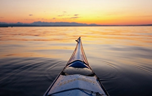 Kayak Prints: Sea kayak bow view of the Olympic Mountains on Puget Sound, Seattle, Washington State, USA