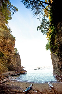 Kayak Prints: Sea kayaks along pocket beach, Strait of Juan de Fuca, Washington State, USA