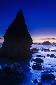 Coastal Scenic Prints: Sea stacks at dusk, El Matador State Beach, Malibu, California USA