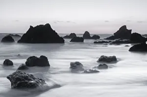 Sea stacks at dusk, El Matador State Beach, Malibu, California, USA