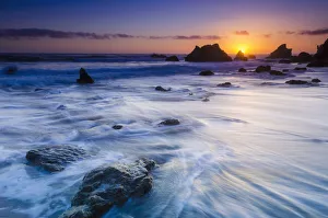 Coastal Scenic Prints: Sea stacks at sunset, El Matador State Beach, Malibu, California USA