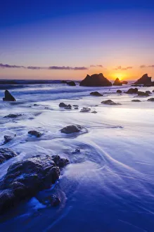 Sea stacks at sunset, El Matador State Beach, Malibu, California, USA