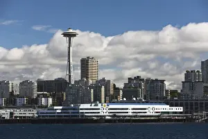 Space Needle Prints: The Seattle Aquarium seen from the water with the Seattle skyline and Space Needle