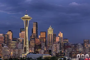 Elevated View Prints: Seattle skyline at dusk, Seattle, Washington State