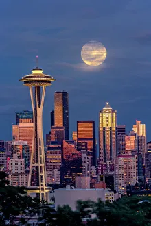 Seattle Prints: Seattle skyline and super moon at dusk, Seattle, Washington State