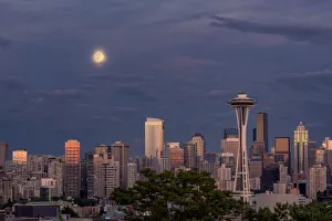 Elevated View Prints: Seattle skyline and super moon at dusk, Seattle, Washington State
