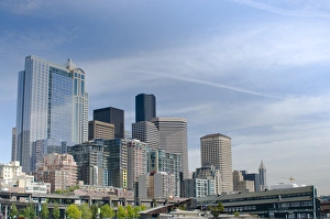 E O Reed Prints: Seattle Skyline from the waterfront with Seattle Aquarium at bottom