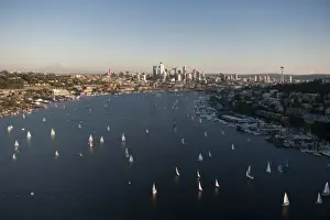 Lake Union Prints: Seattle, Washington, aerial view of sailboats on Lake Union and downtown Seattle with Mt