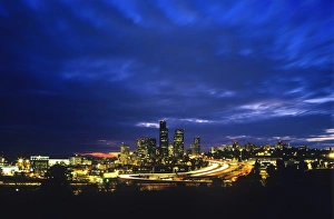 Lights Prints: Seattle Washington skyline at night