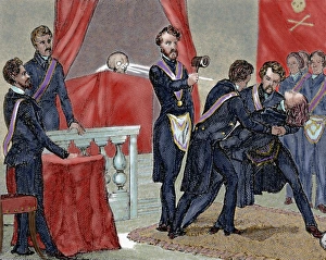 Military Uniform Prints: Secret Societies (nineteenth century). Initiation ceremony of a new member