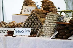 Images Dated 24th May 2007: selling sausages of donkey, cow, wild boar and more at The market in Carpentras, Vaucluse