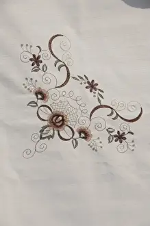 Embroidery Prints: Serbia, Donji Milanovac. Detail of traditional Serbian hand emroidered linen