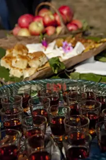 Apple Prints: Serbia, Donji Milanovac. Traditional Serbian snack of plum brandy (aka honey brandy or Rakija)