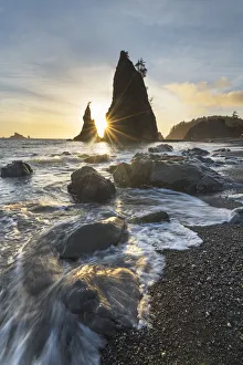 Sun Ray Prints: Setting sun behind Split Rock on Rialto Beach, Olympic National Park