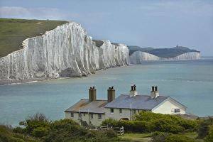 Seven Sisters Chalk Cliffs, and coastguard cottages, Cuckmere Haven, near Seaford