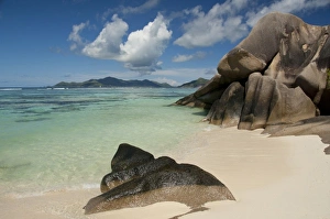 Beach Front Prints: Seychelles, Island of La Digue. Anse Source D Agent, popular white sand beach