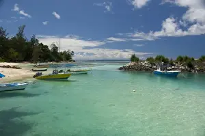 Seychelles, Island of La Digue. Fishing boats in La Passe Harbor