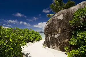 Beach Front Prints: Seychelles, Island of La Digue. Popular Anse Source D Agent white sand beach