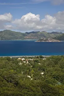 Seychelles, La Digue Island, Island view of La Passe from Nid d Aigle Peak (el