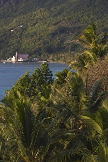Seychelles, Mahe Island, Anse Royale, Town Church and palms, morning