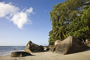 Beach Front Prints: Seychelles, Mahe Island, Beau Vallon, beachfront rock formations