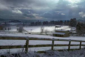Shaft of light hits the snow-covered rural pasture with horses and barns near Lake Oswego