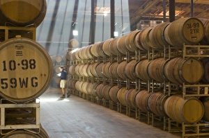 Images Dated 27th April 2007: Shafts of light in barrel room of Montevina Winery, near Plymouth, Shenandoah Valley