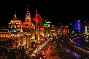 Shanghai Prints: Shanghai, China, The Bund Buildings Monuments Night red Flags Cars