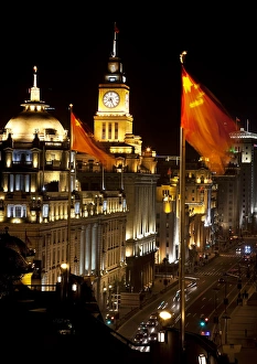 Shanghai Prints: Shanghai China Bund at Night Cars, Flags