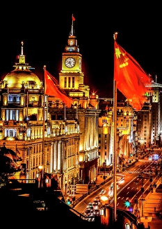 Illuminated Prints: Shanghai, China, The Bund Old Customs House Hong Kong Shanghai Bank Corp
