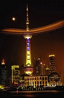 Prints of Shanghai TV Tower, Pudong, Night shot with moon and blimp Images Dated 2024 September: Shanghai TV Tower, Pudong, Night shot with moon and blimp