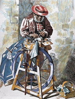 Beard Prints: Sharpener street. Colored engraving by E. Alba on a life drawing by D. F. Guisasola. 1879