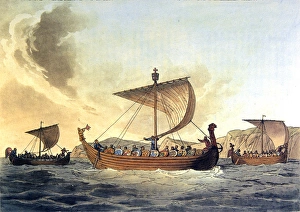 People In The Background Prints: Ships of William the Conqueror. Coloured engraving. Copyright: aA Collection