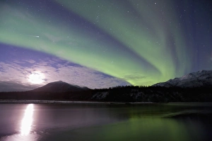 Images Dated 12th October 2006: A shooting star cuts through curtains of green aurora borealis dancing over the