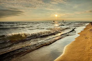 Shoreline Prints: Shoreline of Lake Michigan and distant Grand Haven Lighthouse and pier, Grand Haven